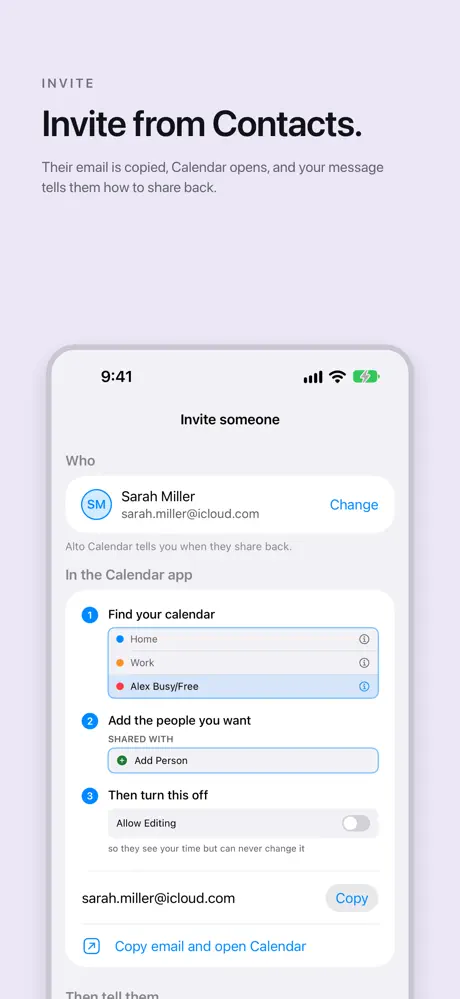 Invite from Contacts. Their email is copied, Calendar opens, and your message tells them how to share back.