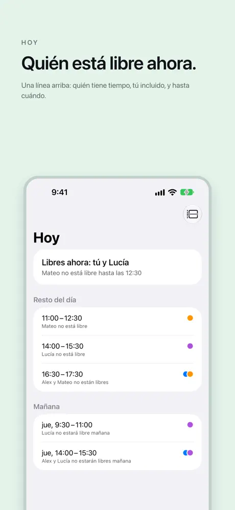 Quién está libre ahora. Una línea arriba: quién tiene tiempo, tú incluido, y hasta cuándo.