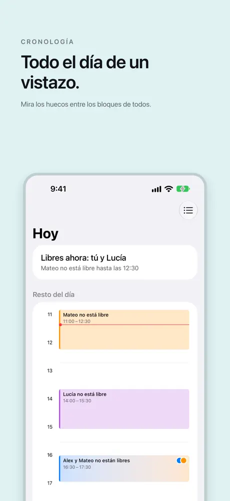Todo el día de un vistazo. Mira los huecos entre los bloques de todos.