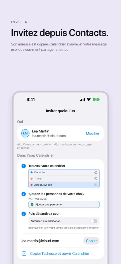Invitez depuis Contacts. Son adresse est copiée, Calendrier s’ouvre, et votre message explique comment partager en retour.