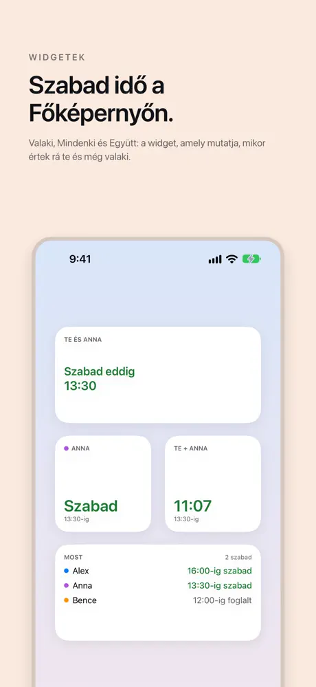 Szabad idő a Főképernyőn. Valaki, Mindenki és Együtt: a widget, amely mutatja, mikor értek rá te és még valaki.