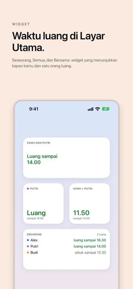 Waktu luang di Layar Utama. Seseorang, Semua, dan Bersama: widget yang menunjukkan kapan kamu dan satu orang luang.