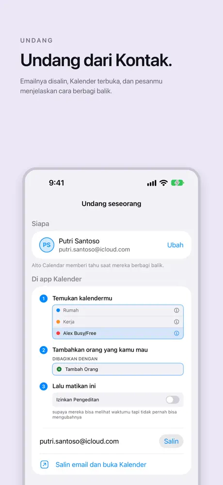 Undang dari Kontak. Emailnya disalin, Kalender terbuka, dan pesanmu menjelaskan cara berbagi balik.