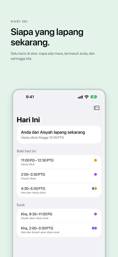 Siapa yang lapang sekarang. Satu baris di atas: siapa ada masa, termasuk anda, dan sehingga bila.