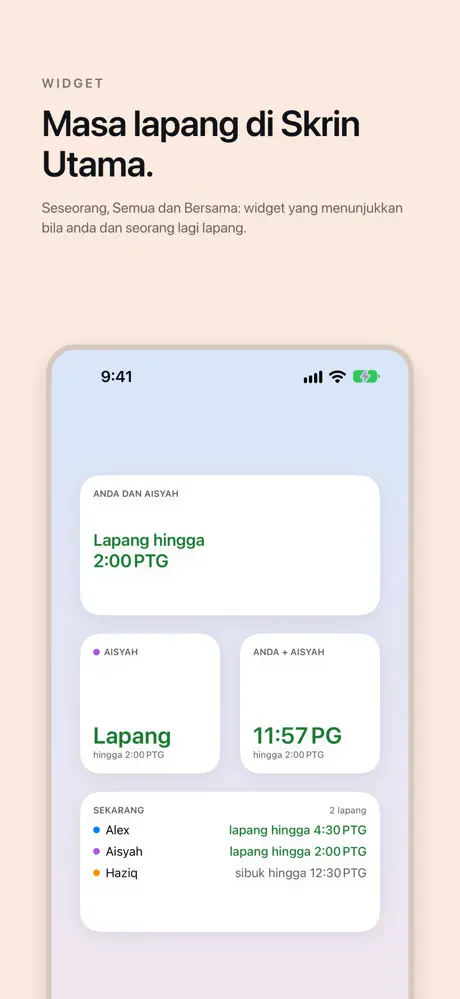 Masa lapang di Skrin Utama. Seseorang, Semua dan Bersama: widget yang menunjukkan bila anda dan seorang lagi lapang.