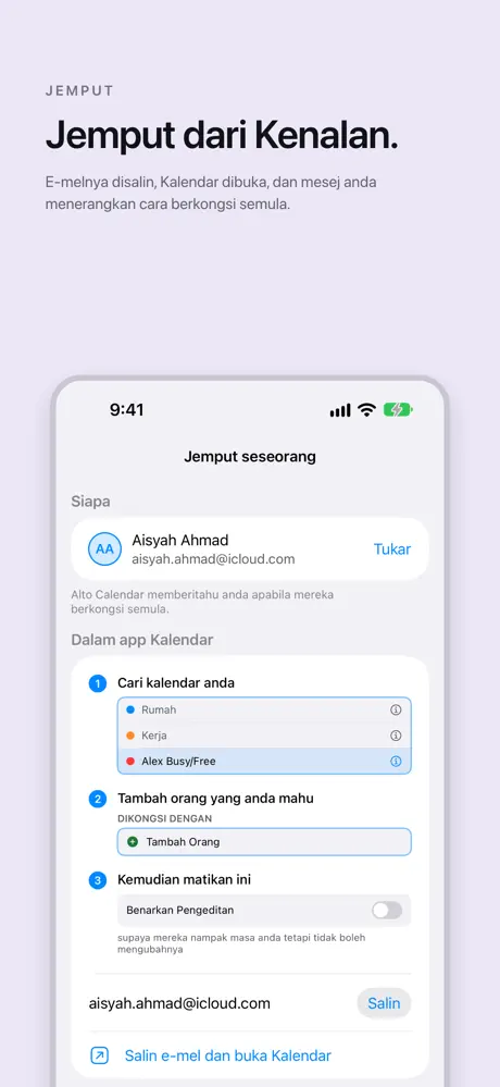 Jemput dari Kenalan. E-melnya disalin, Kalendar dibuka, dan mesej anda menerangkan cara berkongsi semula.