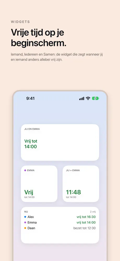Vrije tijd op je beginscherm. Iemand, Iedereen en Samen: de widget die zegt wanneer jij en iemand anders allebei vrij zijn.