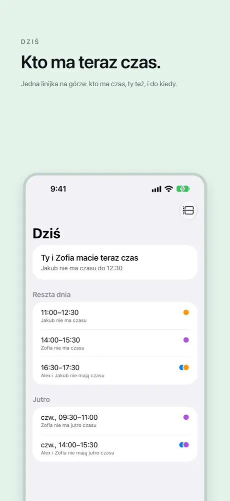 Kto ma teraz czas. Jedna linijka na górze: kto ma czas, ty też, i do kiedy.