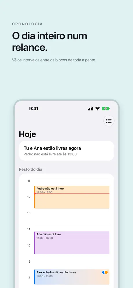 O dia inteiro num relance. Vê os intervalos entre os blocos de toda a gente.