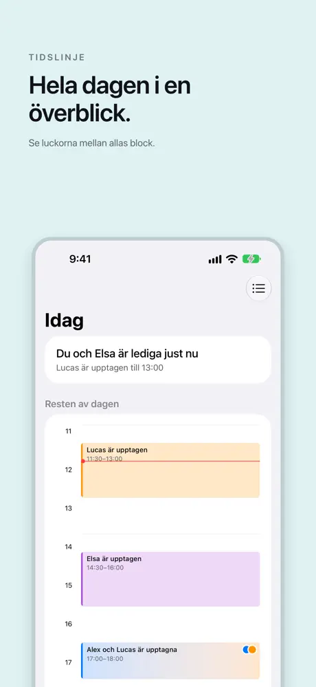 Hela dagen i en överblick. Se luckorna mellan allas block.